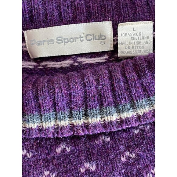 Vintage 90’s Paris Sport Club Purple Fair Isle Wool Oversized Ski Sweater L - Picture 3 of 5